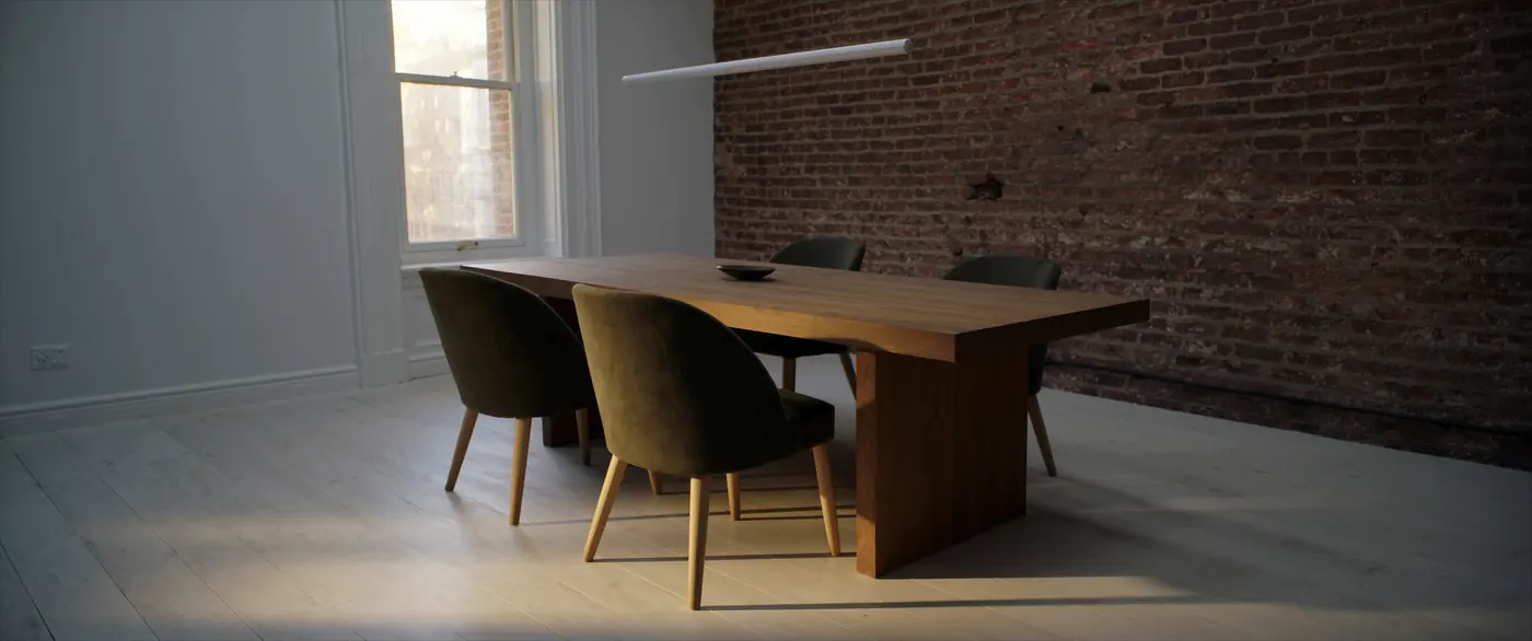 Dining room, brick wall, oak table and velvet chairs