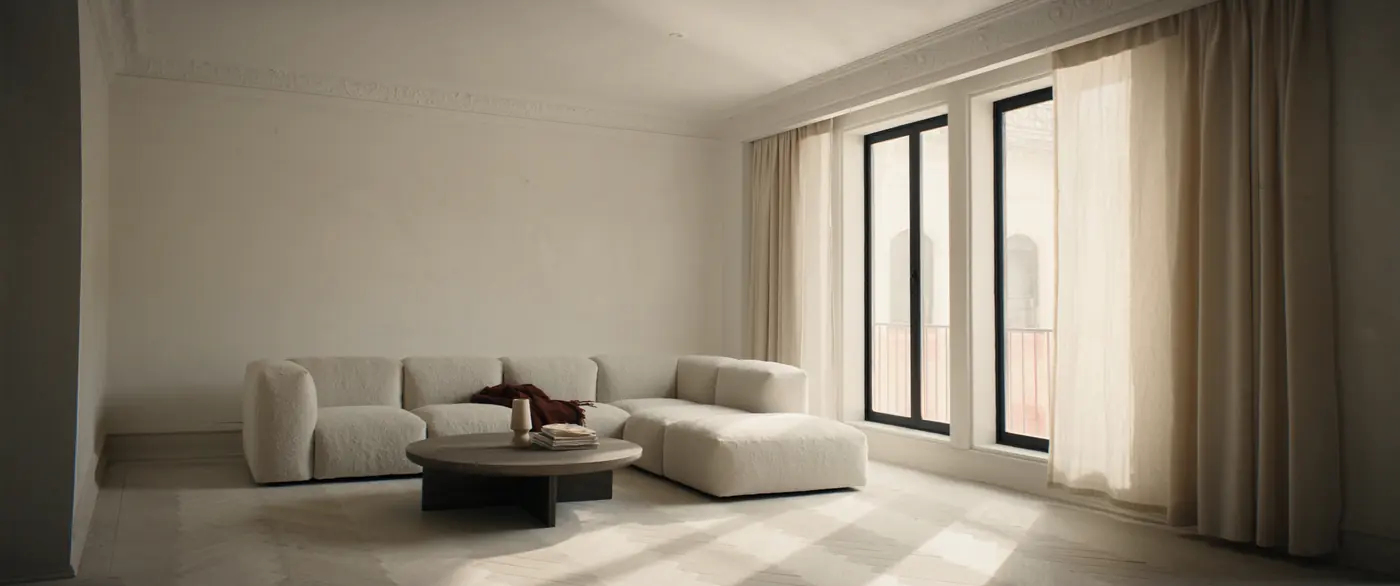 Montréal apartment living room, light bouclé sectional, winter daylight